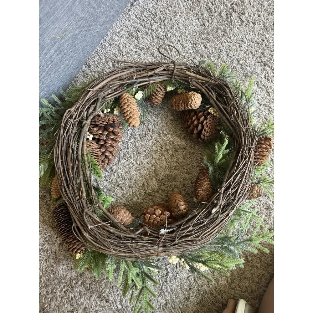Wicker Park 15” Unlit Berry & Pinecone Wreath White Berries Holiday Decor